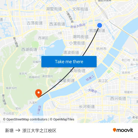 新塘 to 浙江大学之江校区 map