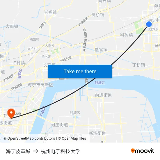 海宁皮革城 to 杭州电子科技大学 map