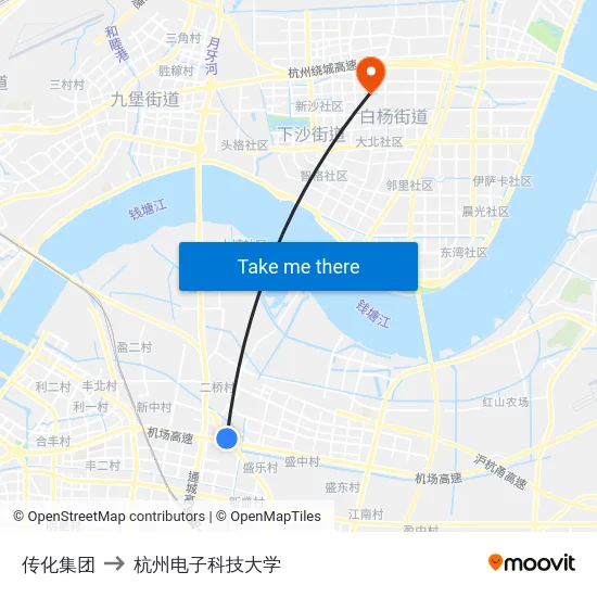 传化集团 to 杭州电子科技大学 map