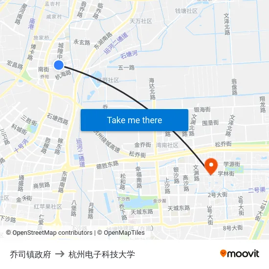 乔司镇政府 to 杭州电子科技大学 map