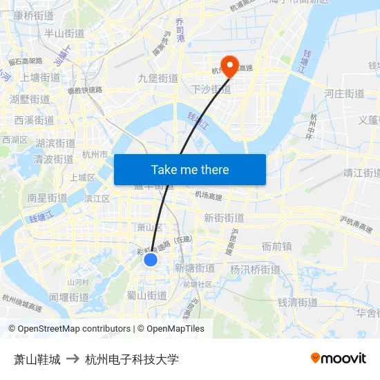 萧山鞋城 to 杭州电子科技大学 map