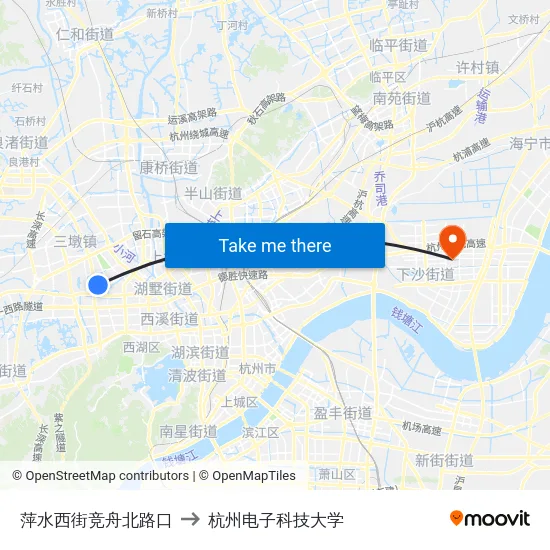 萍水西街竞舟北路口 to 杭州电子科技大学 map