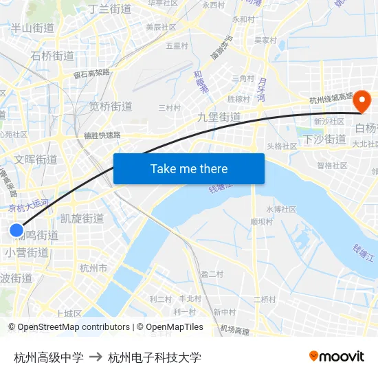 杭州高级中学 to 杭州电子科技大学 map