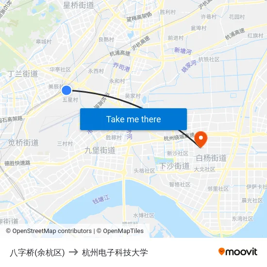 八字桥(余杭区) to 杭州电子科技大学 map