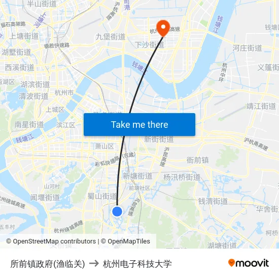 所前镇政府(渔临关) to 杭州电子科技大学 map