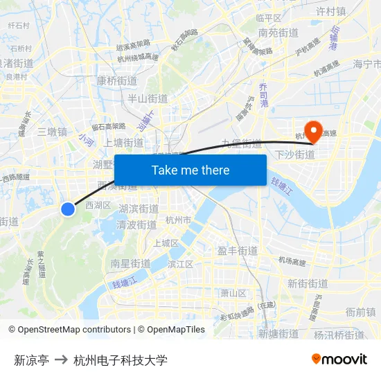 新凉亭 to 杭州电子科技大学 map