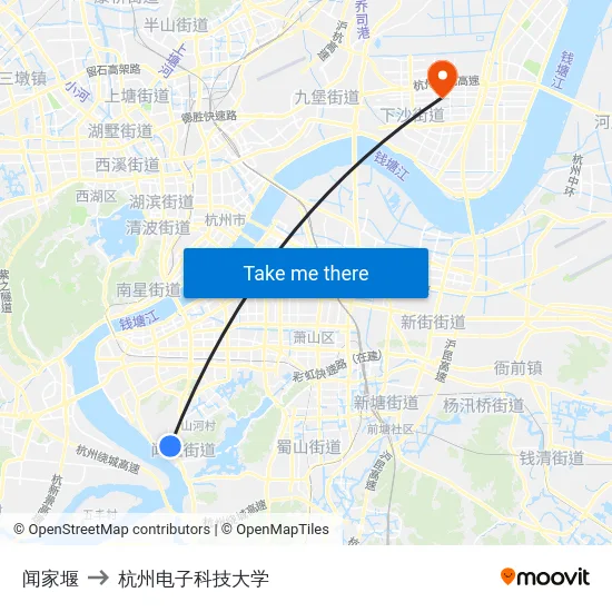 闻家堰 to 杭州电子科技大学 map