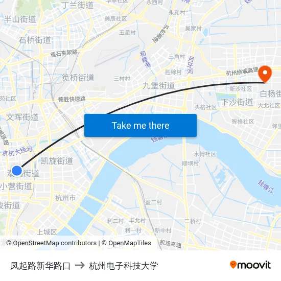 凤起路新华路口 to 杭州电子科技大学 map