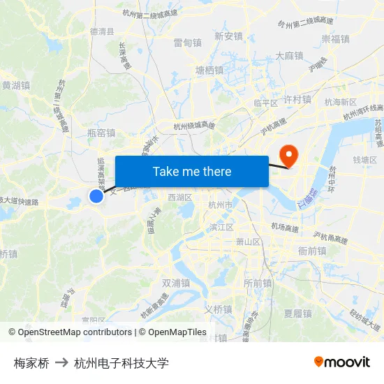 梅家桥 to 杭州电子科技大学 map
