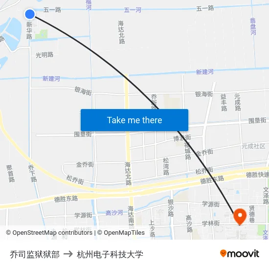 乔司监狱狱部 to 杭州电子科技大学 map