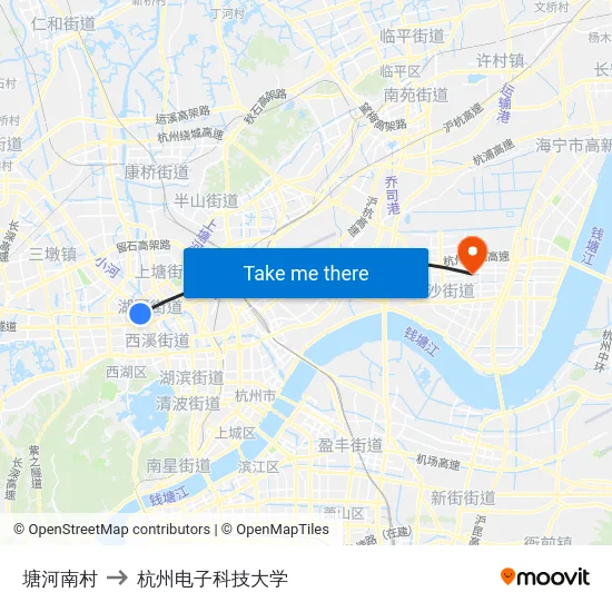 塘河南村 to 杭州电子科技大学 map