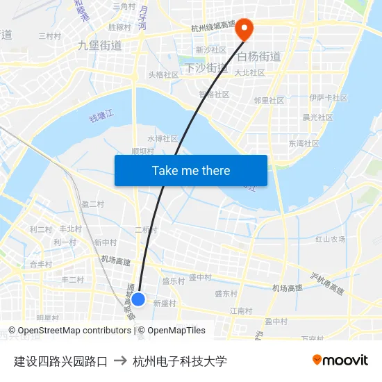 建设四路兴园路口 to 杭州电子科技大学 map