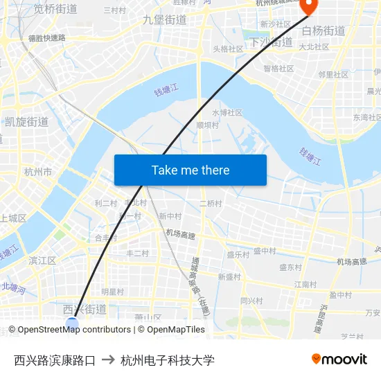 西兴路滨康路口 to 杭州电子科技大学 map