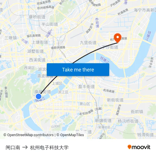 闸口南 to 杭州电子科技大学 map
