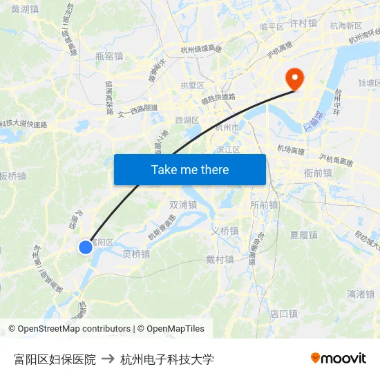 富阳区妇保医院 to 杭州电子科技大学 map