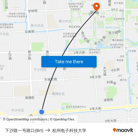下沙路一号路口(Brt) to 杭州电子科技大学 map