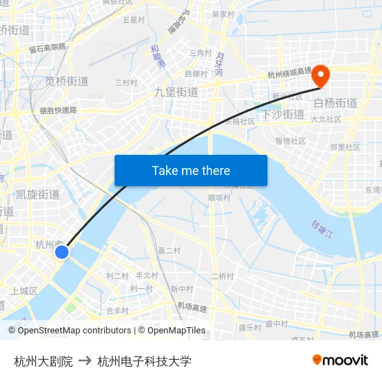 杭州大剧院 to 杭州电子科技大学 map