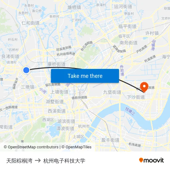 天阳棕榈湾 to 杭州电子科技大学 map