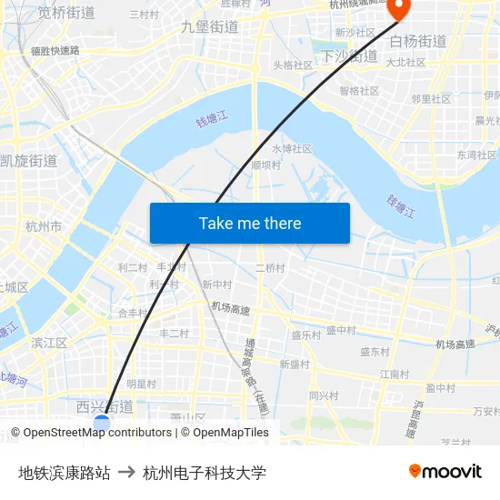 地铁滨康路站 to 杭州电子科技大学 map