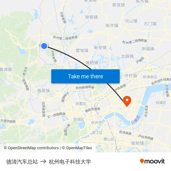 德清汽车总站 to 杭州电子科技大学 map