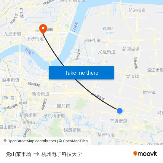 党山菜市场 to 杭州电子科技大学 map