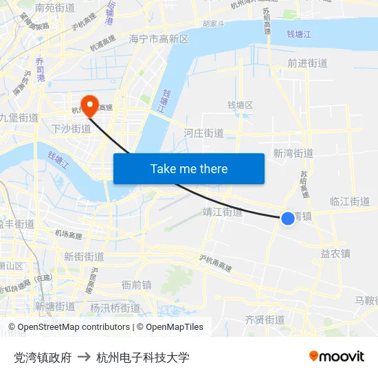 党湾镇政府 to 杭州电子科技大学 map