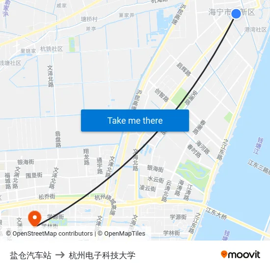 盐仓汽车站 to 杭州电子科技大学 map