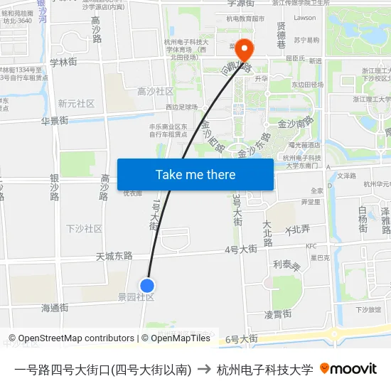 一号路四号大街口(四号大街以南) to 杭州电子科技大学 map