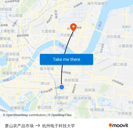 萧山农产品市场 to 杭州电子科技大学 map