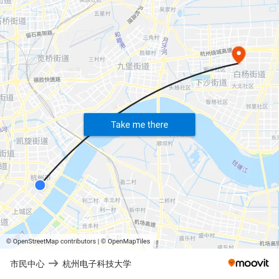 市民中心 to 杭州电子科技大学 map