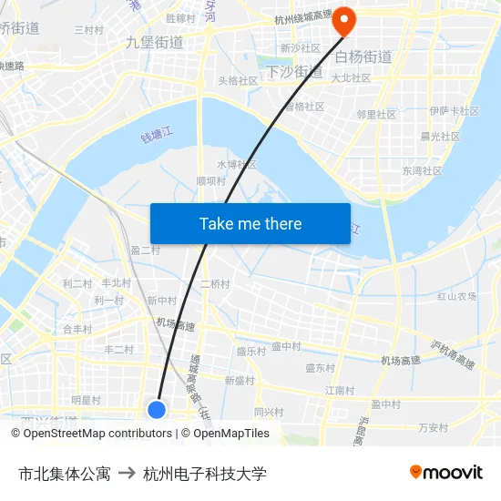 市北集体公寓 to 杭州电子科技大学 map