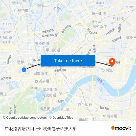 申花路古墩路口 to 杭州电子科技大学 map