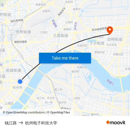 钱江路 to 杭州电子科技大学 map