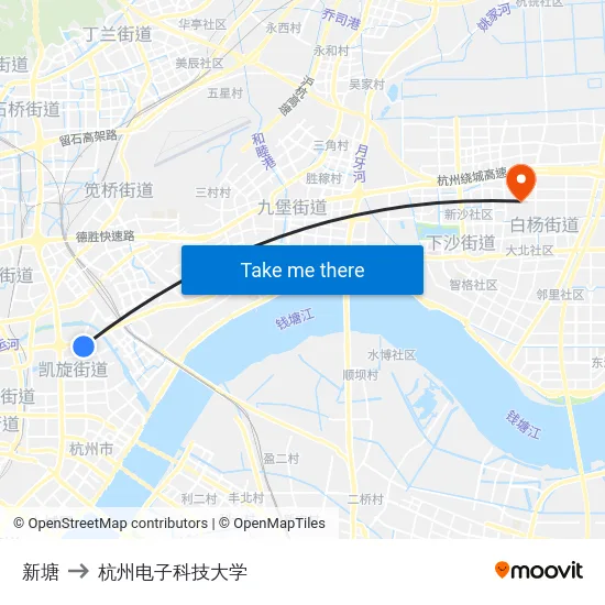 新塘 to 杭州电子科技大学 map