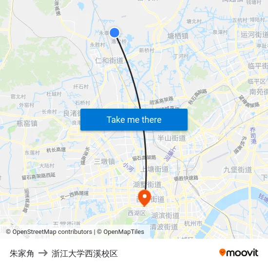朱家角 to 浙江大学西溪校区 map