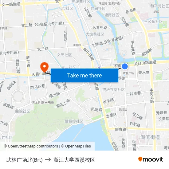 武林广场北(Brt) to 浙江大学西溪校区 map