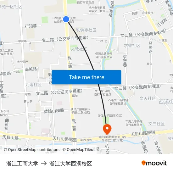 浙江工商大学 to 浙江大学西溪校区 map