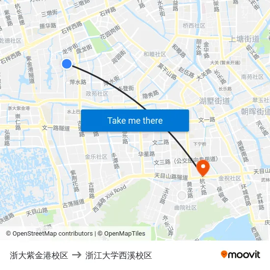 浙大紫金港校区 to 浙江大学西溪校区 map