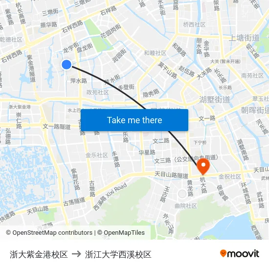浙大紫金港校区 to 浙江大学西溪校区 map