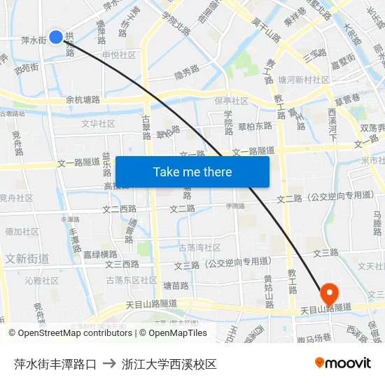 萍水街丰潭路口 to 浙江大学西溪校区 map