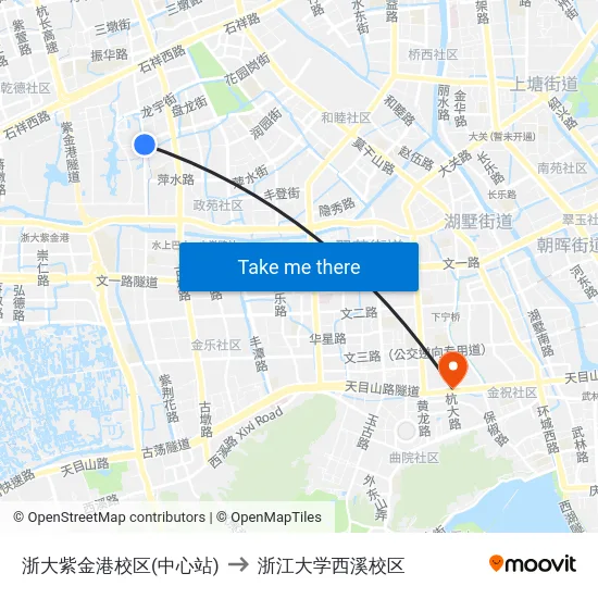 浙大紫金港校区(中心站) to 浙江大学西溪校区 map