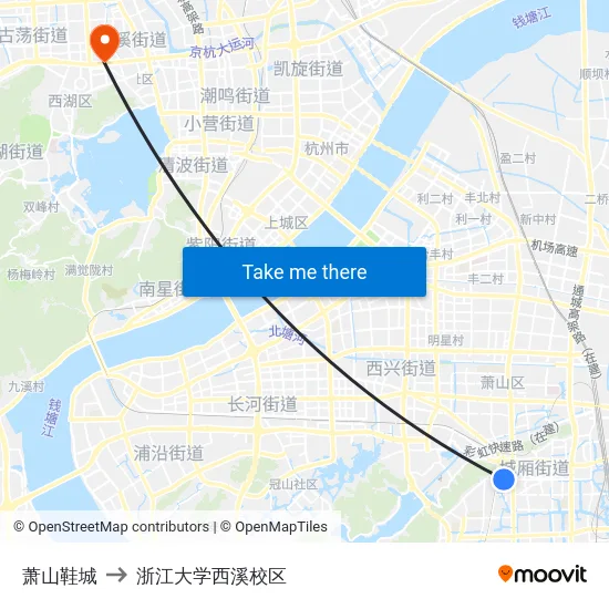 萧山鞋城 to 浙江大学西溪校区 map