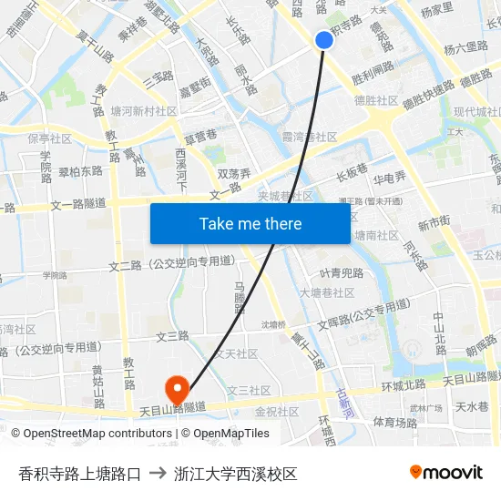 香积寺路上塘路口 to 浙江大学西溪校区 map