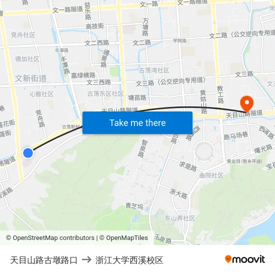 天目山路古墩路口 to 浙江大学西溪校区 map