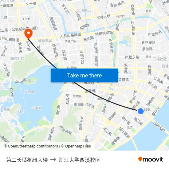 第二长话枢纽大楼 to 浙江大学西溪校区 map