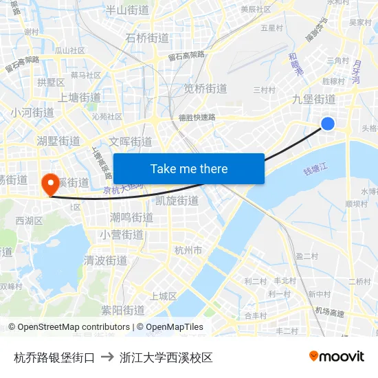 杭乔路银堡街口 to 浙江大学西溪校区 map
