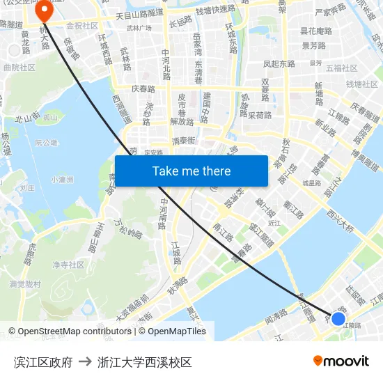 滨江区政府 to 浙江大学西溪校区 map