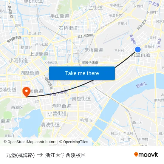 九堡(杭海路) to 浙江大学西溪校区 map