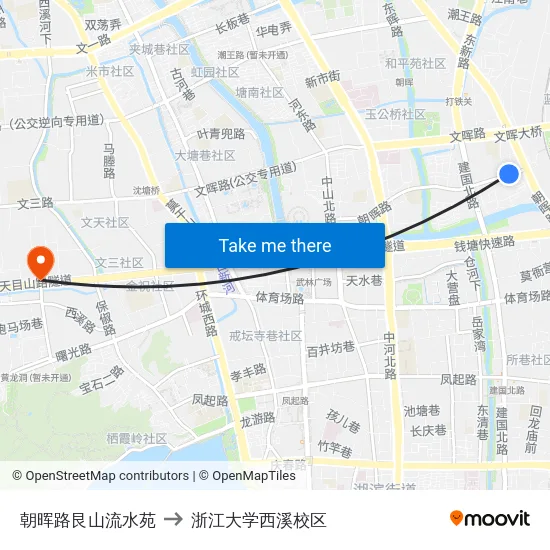 朝晖路艮山流水苑 to 浙江大学西溪校区 map