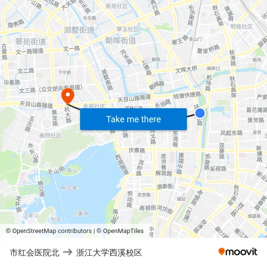 市红会医院北 to 浙江大学西溪校区 map